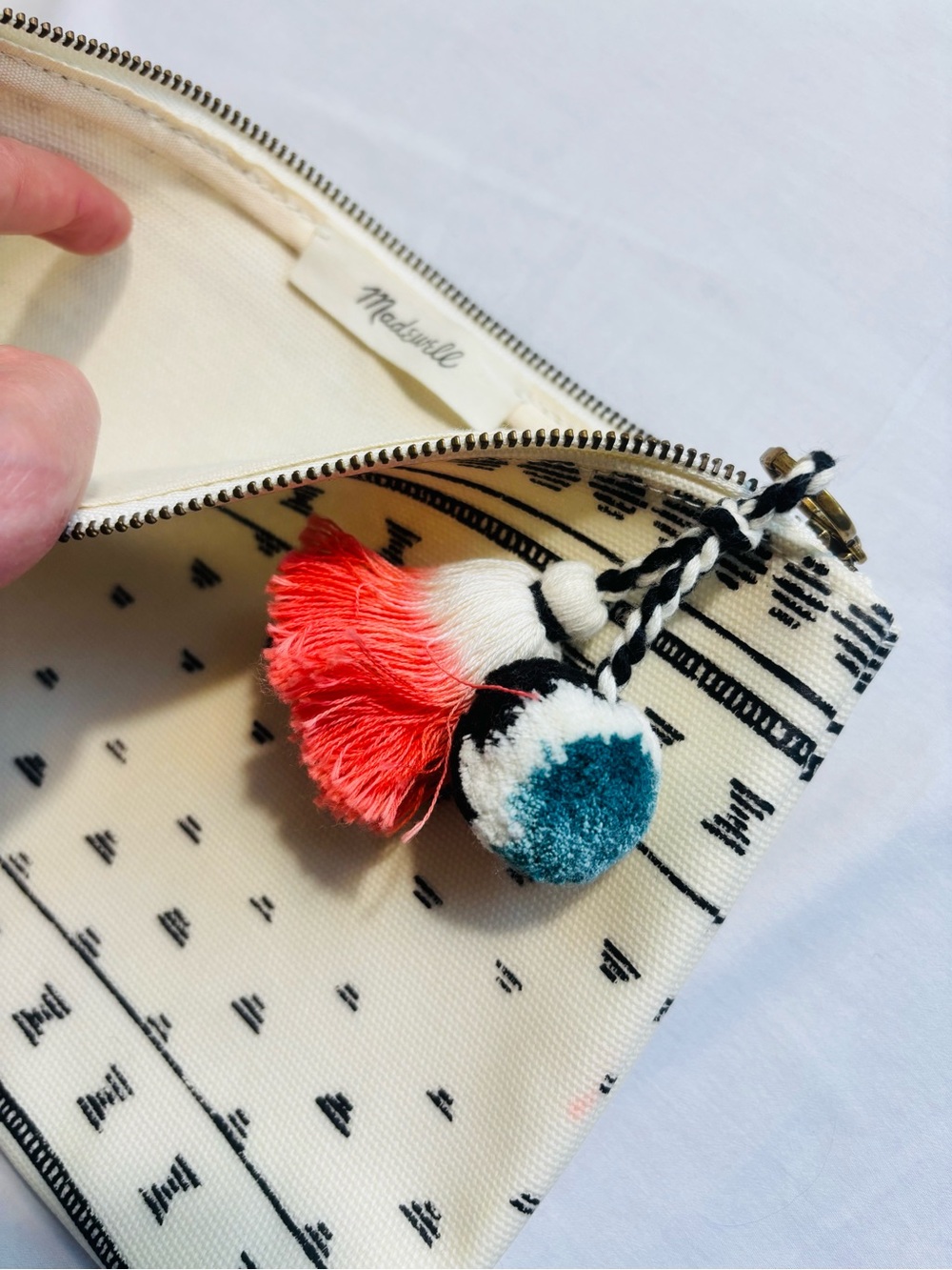 Madewell Ikat Canvas Cosmetic Pouch Pom Pom Tassel NWT